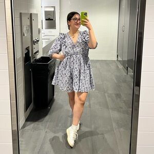 Blue and White Floral Ruffled Mini Dress